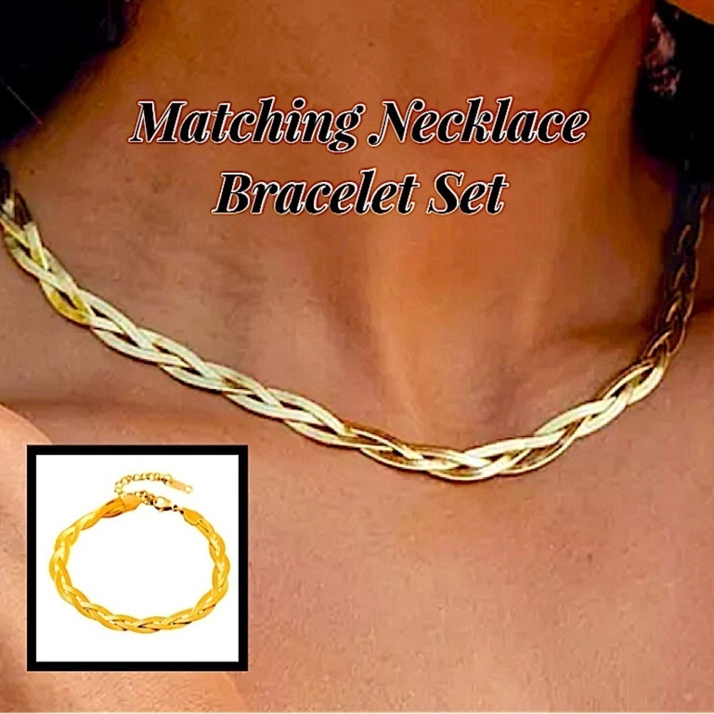 Braided Twisted Gold Plated Herringbone Flat Necklace Matching Bracelet Set